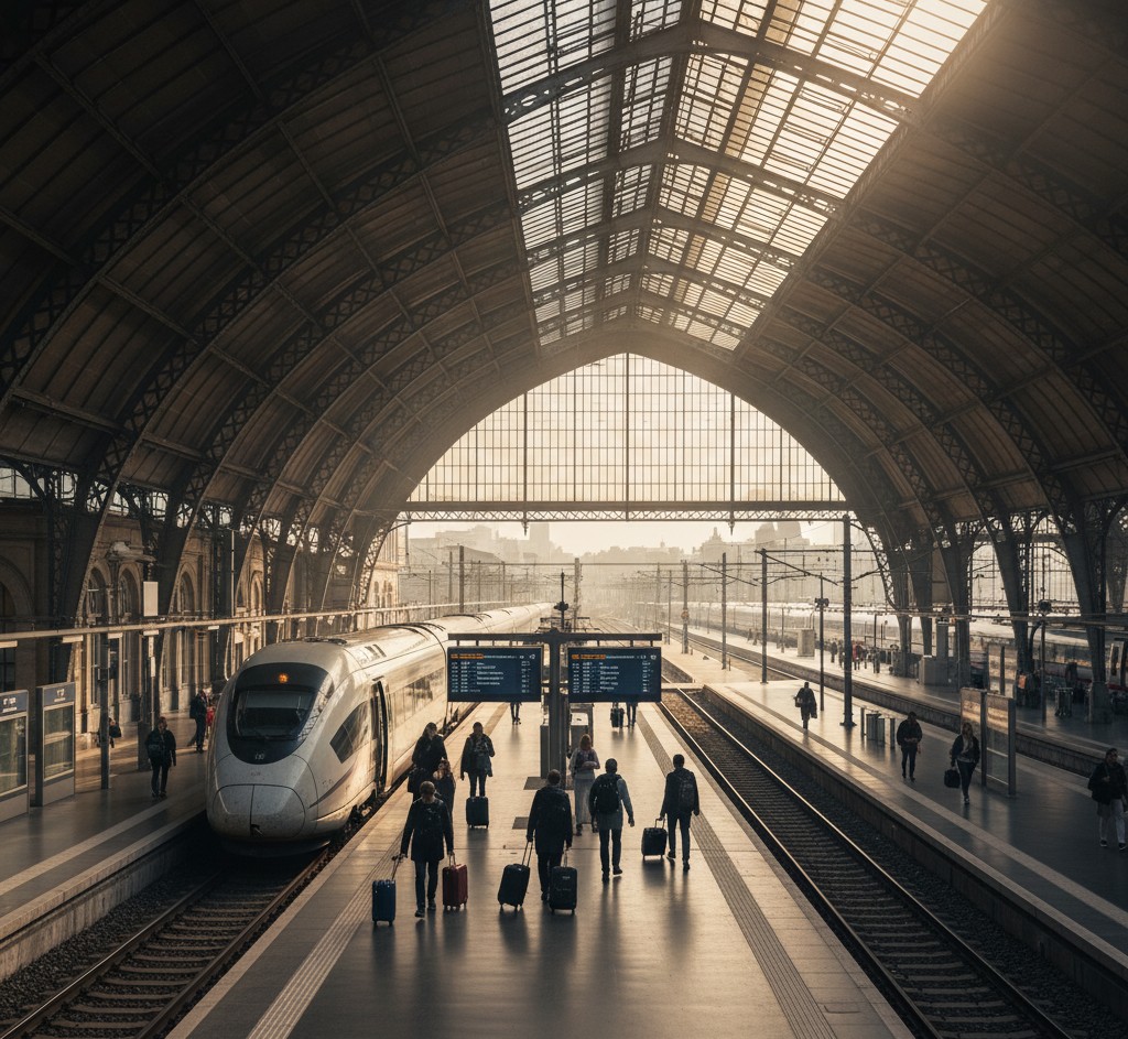 Intérieur de la gare de lyon Part-Dieu avec voyageurs sur les quais