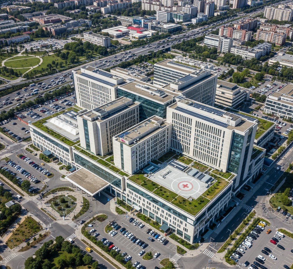 Vue aérienne d'un hôpital ou centre médical moderne à Lyon.