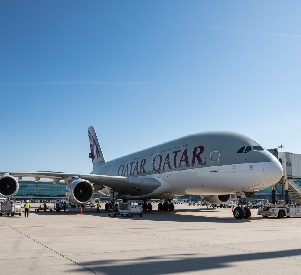 Airbus A380 de Qatar Airways sur le tarmac de l'aéroport de Lyon Saint-Exupéry