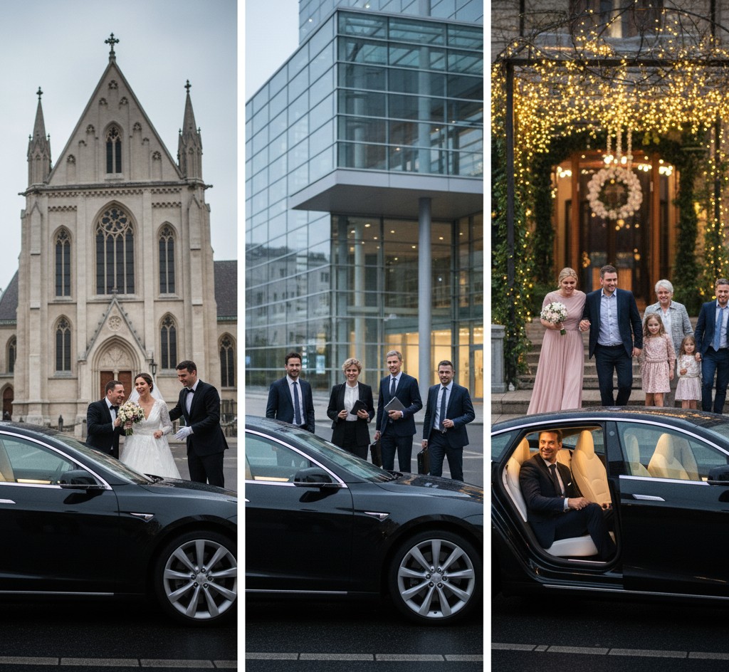Collage de photos : voiture taxi devant la Basilique de Fourvière, Palais de la Bourse, et un évènement festif à Lyon