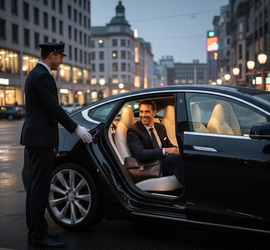 Chauffeur de taxinouvrant la pote arrière d'une voiture élégante pour une cliente à Lyon