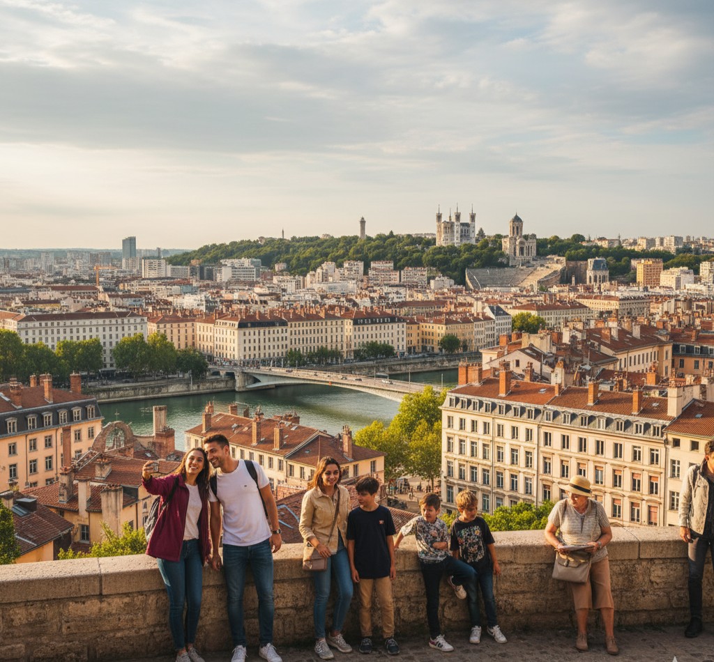 Vue panoramique colorée de la ville de lyon, collines et toits
